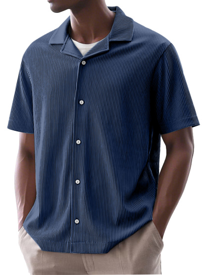Men's Daily Simple Solid Color Ribbed Cuban Collar Short-sleeved Shirt