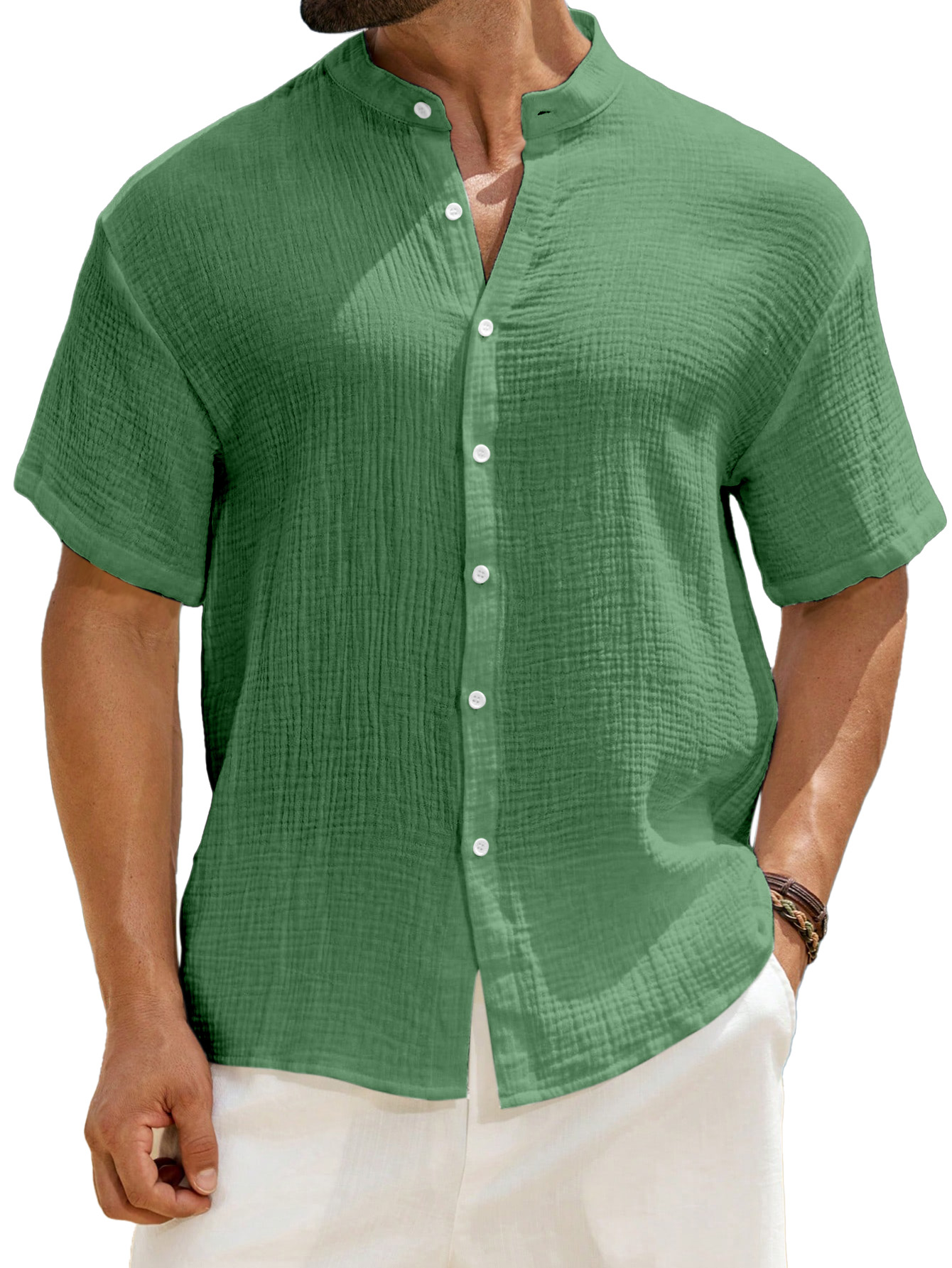 Men's Casual Solid Color Breathable Pleated Texture Stand Collar Short-sleeved Button-down Shirt
