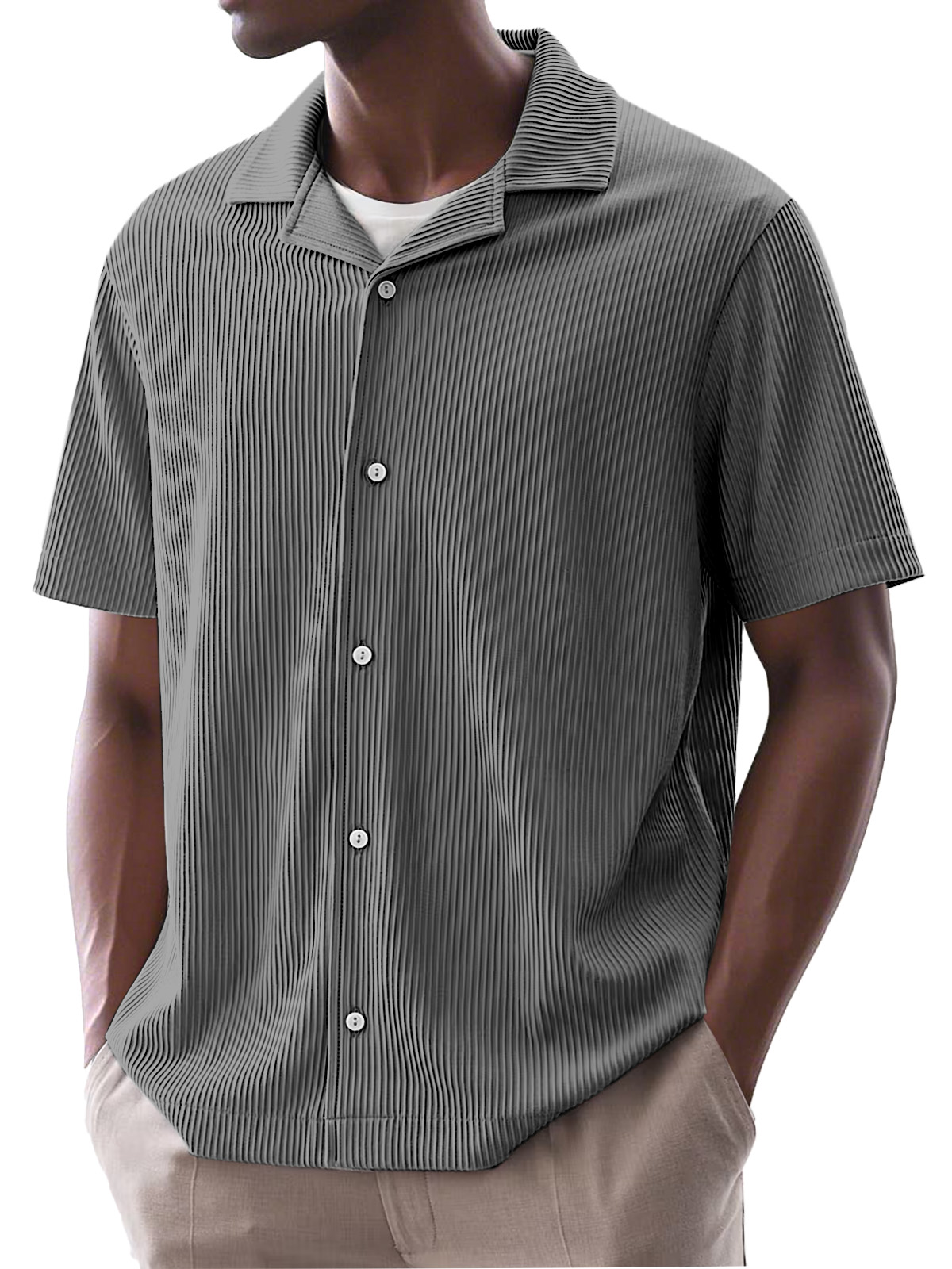Men's Daily Simple Solid Color Ribbed Cuban Collar Short-sleeved Shirt
