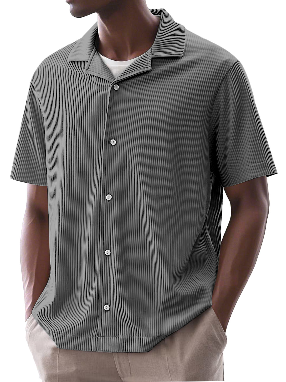Men's Daily Simple Solid Color Ribbed Cuban Collar Short-sleeved Shirt