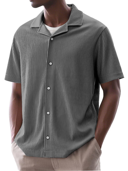 Men's Daily Simple Solid Color Ribbed Cuban Collar Short-sleeved Shirt