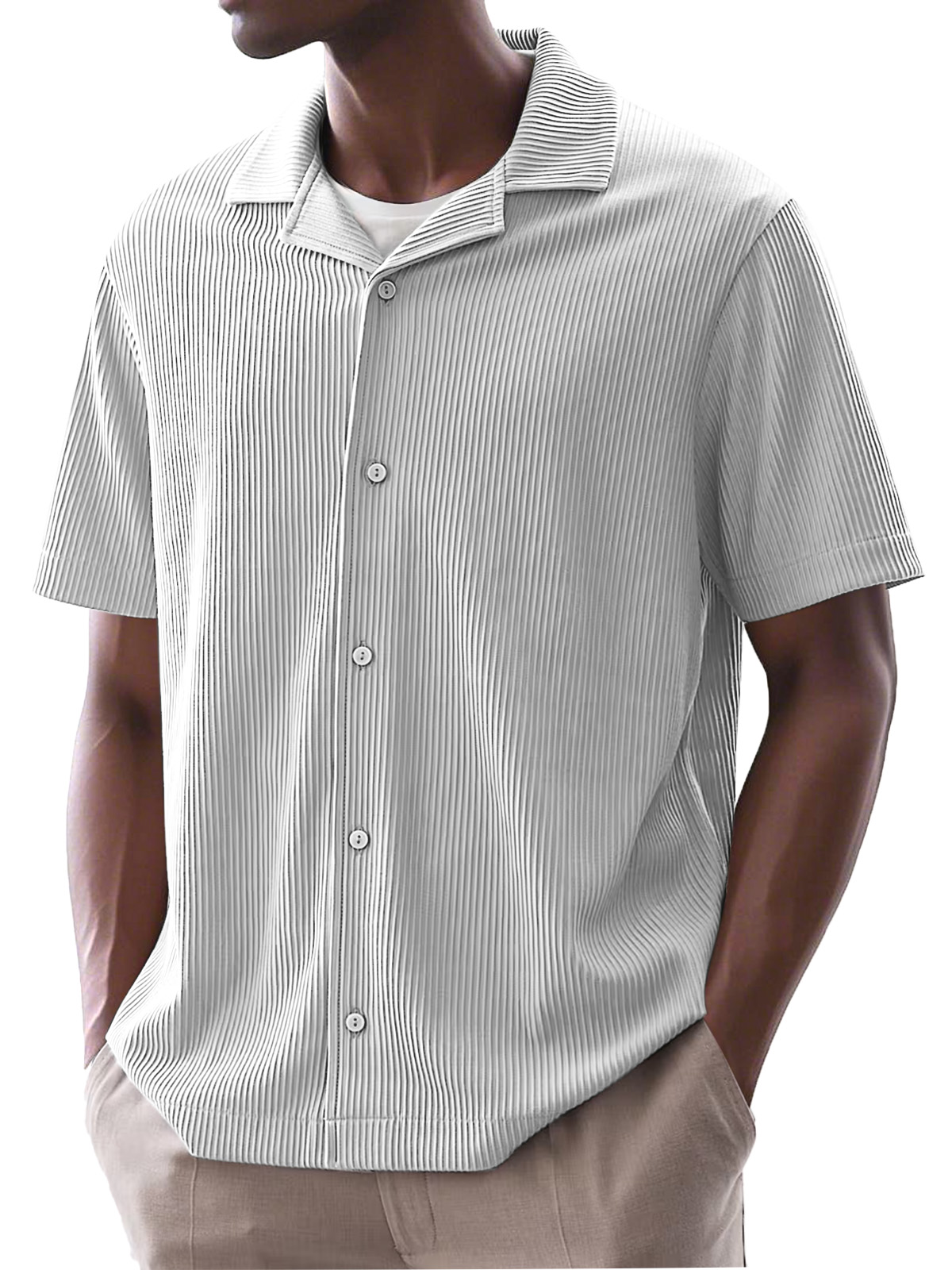 Men's Daily Simple Solid Color Ribbed Cuban Collar Short-sleeved Shirt