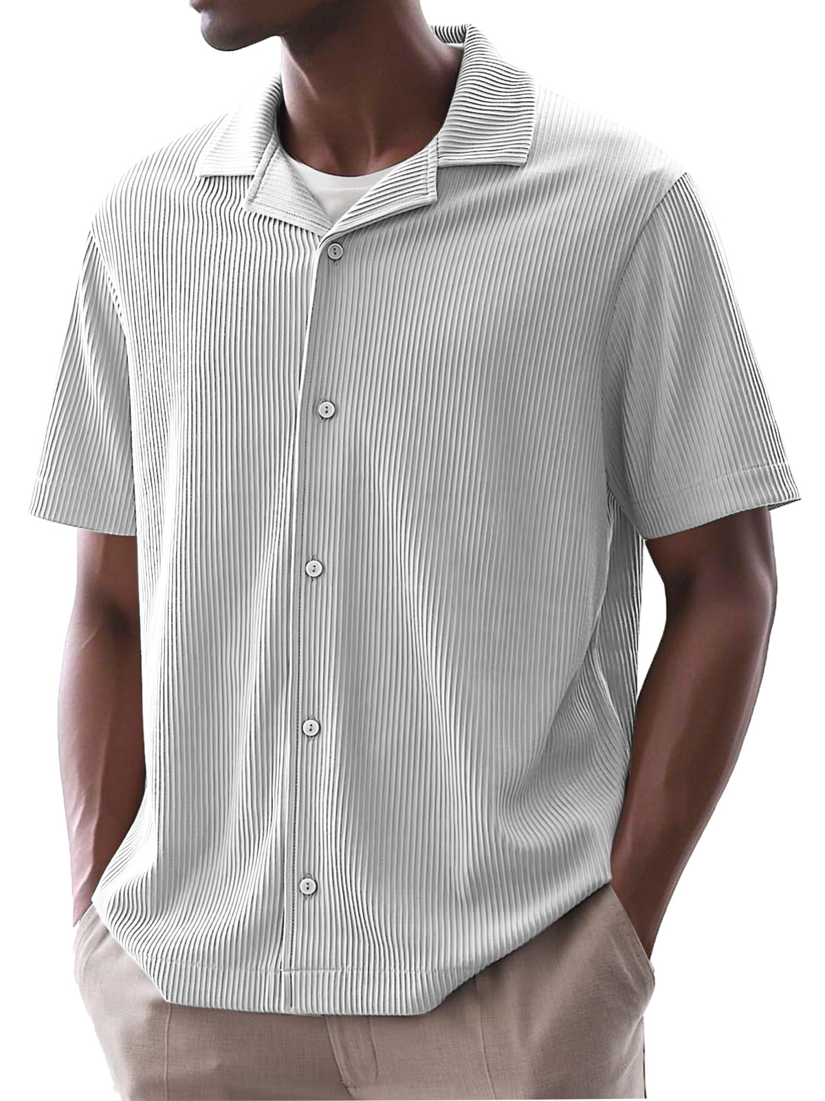 Men's Daily Simple Solid Color Ribbed Cuban Collar Short-sleeved Shirt