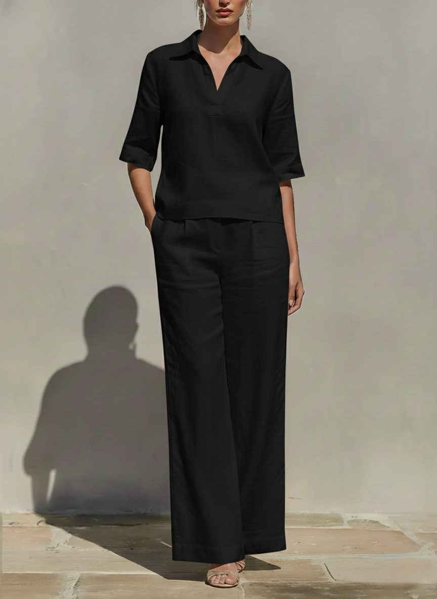Women's Solid-color Cotton & Linen Set: V-neck Short-sleeve Loose-fit Top And High-waisted Wide-leg Pants