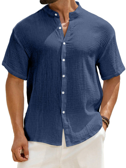 Men's Casual Solid Color Breathable Pleated Texture Stand Collar Short-sleeved Button-down Shirt
