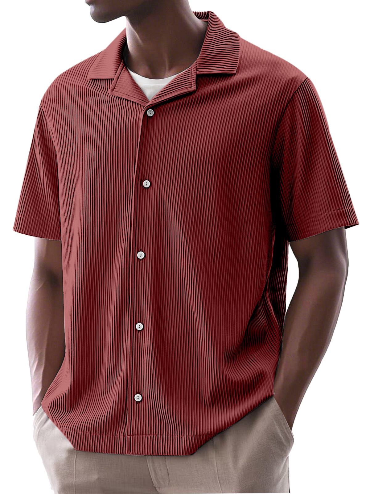 Men's Daily Simple Solid Color Ribbed Cuban Collar Short-sleeved Shirt