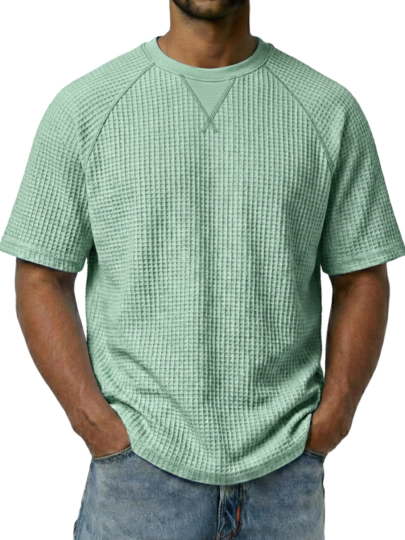 Men's Waffle-knit Crew Neck Raglan Sleeve Casual Short-sleeved T-shirt