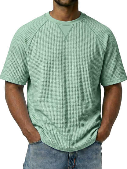Men's Waffle-knit Crew Neck Raglan Sleeve Casual Short-sleeved T-shirt