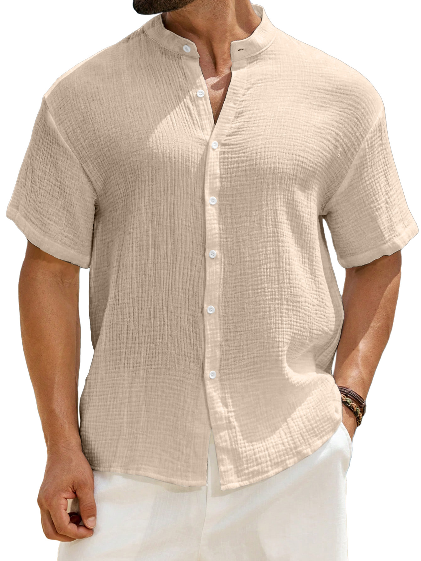 Men's Casual Solid Color Breathable Pleated Texture Stand Collar Short-sleeved Button-down Shirt