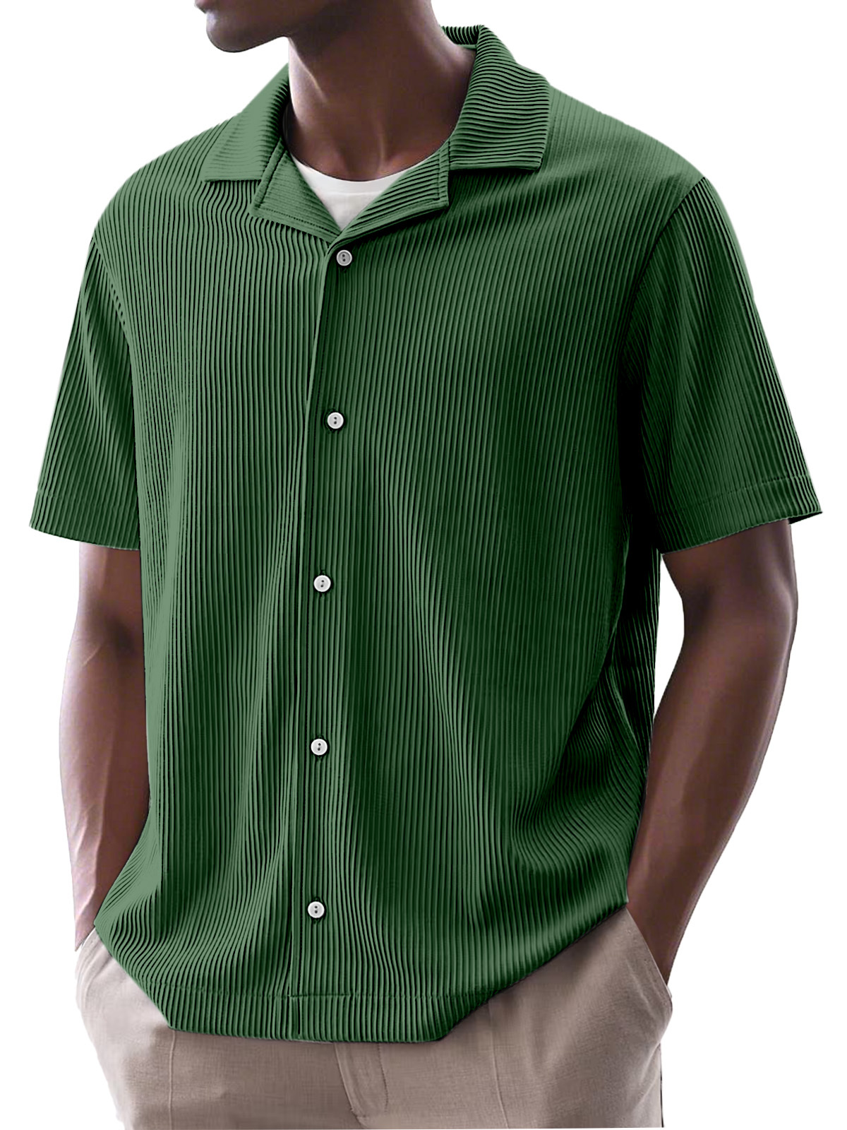 Men's Daily Simple Solid Color Ribbed Cuban Collar Short-sleeved Shirt
