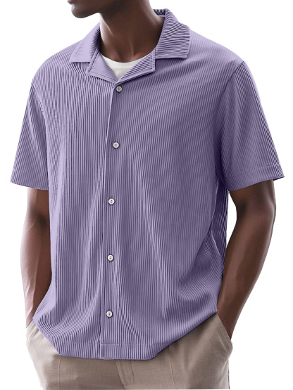 Men's Daily Simple Solid Color Ribbed Cuban Collar Short-sleeved Shirt