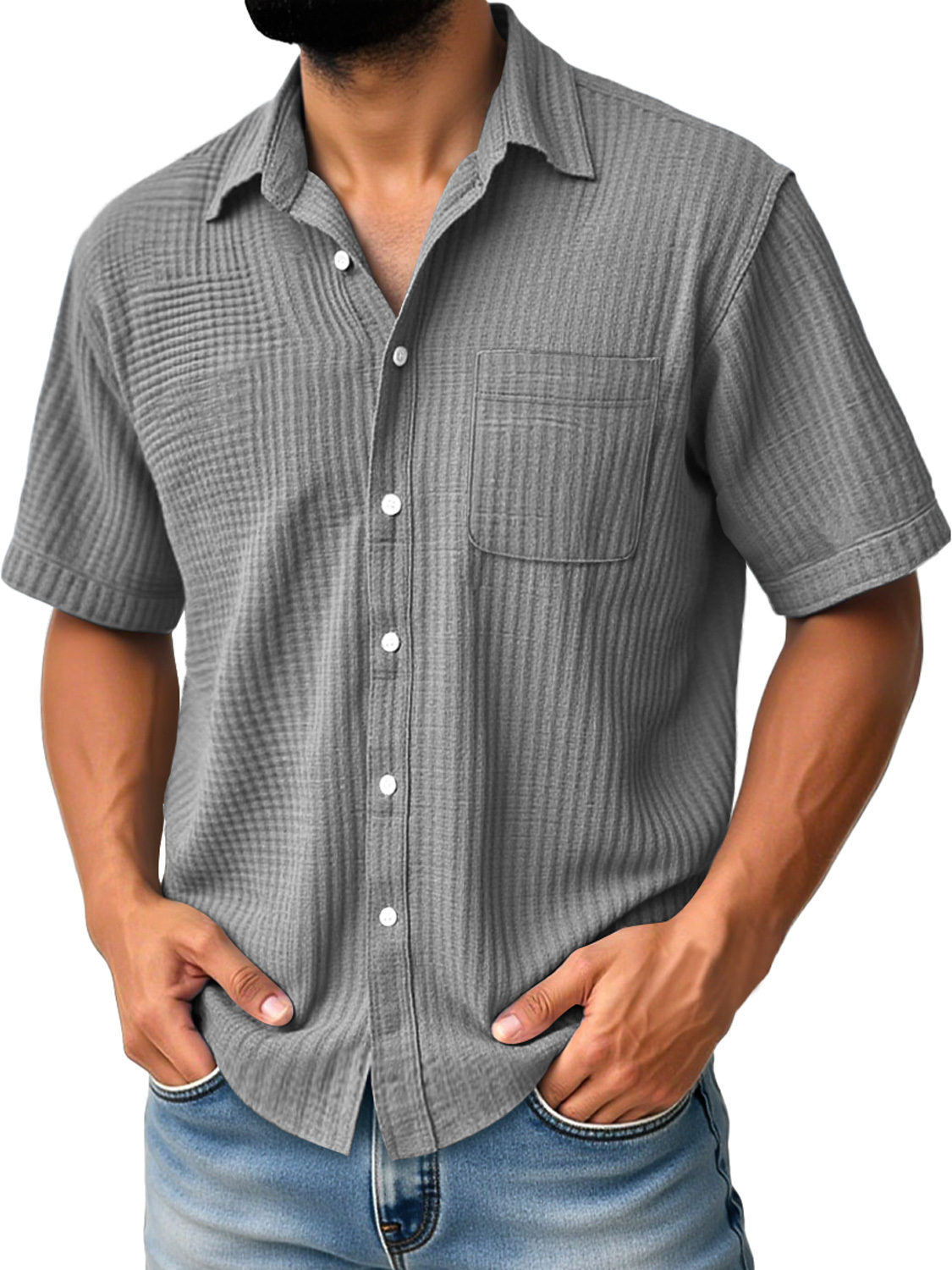 Men's Daily Casual Pleated Pocket Comfortable Solid Color Short Sleeve Shirt
