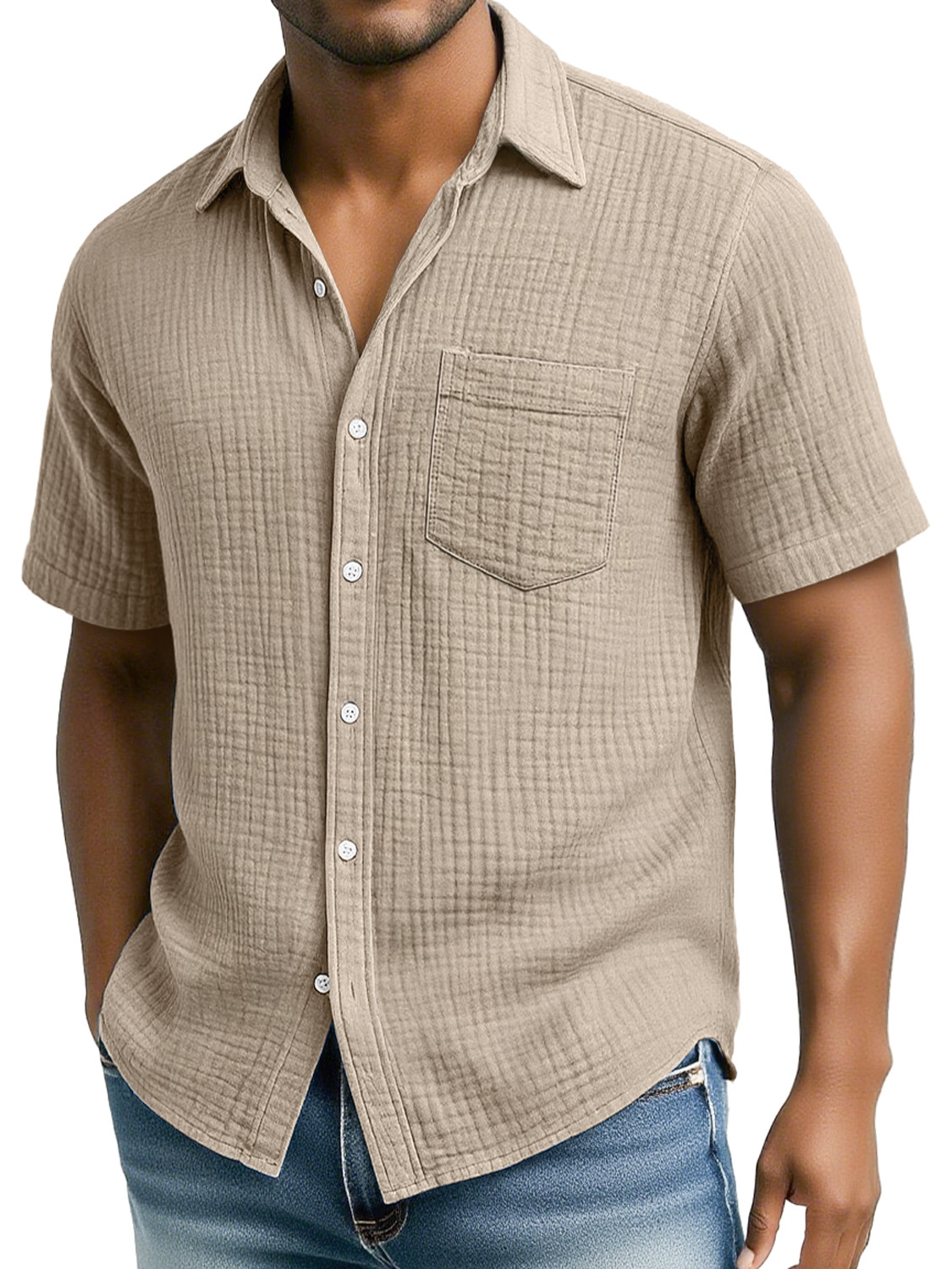 Men's Daily Pleated Texture Casual Pocket Comfort Short Sleeve Shirt