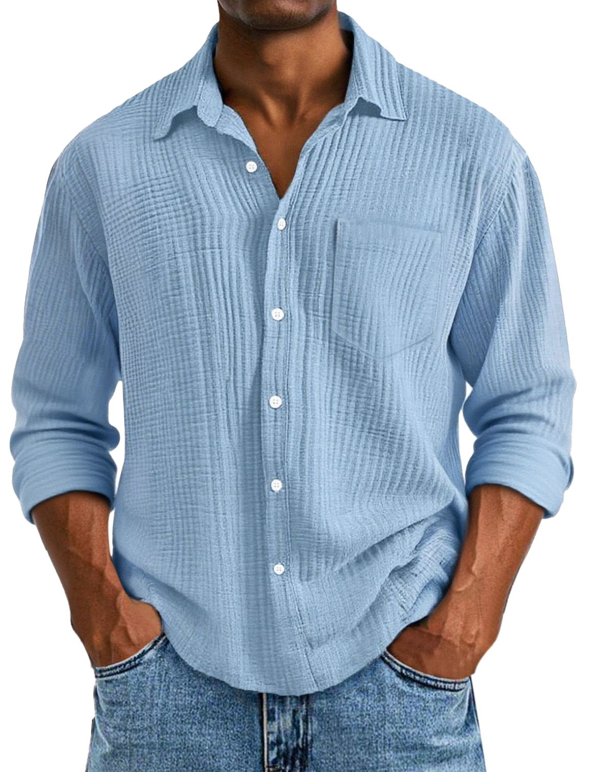 Men's Casual Solid Color Breathable Cotton Pleated Comfortable Lapel Long-sleeved Shirt