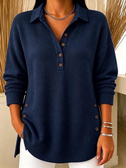 CLEARANCE SALE🔥Women’s Waffle Knit Polo Collar Button Detail Relaxed Fit Long Sleeve Top