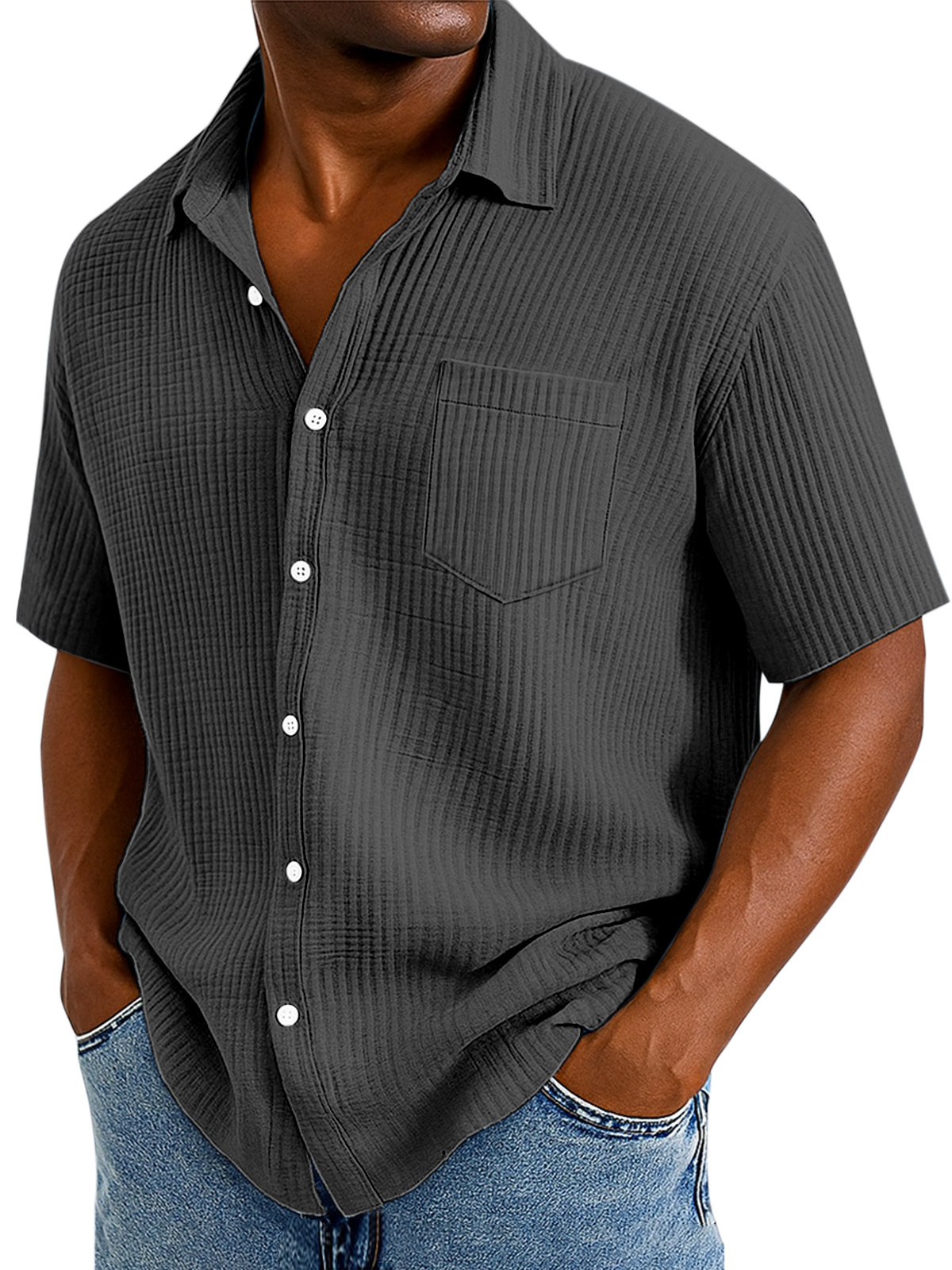 Men's Casual Cotton Breathable Pleated Pocket Short Sleeve Lapel Shirt