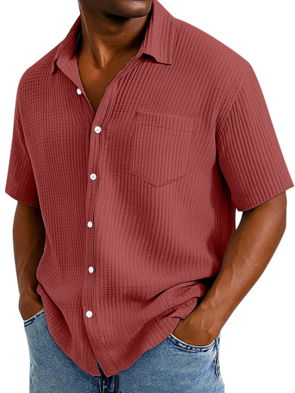Men's Casual Cotton Breathable Pleated Pocket Short Sleeve Lapel Shirt