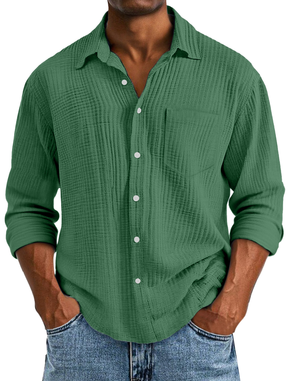 Men's Casual Solid Color Breathable Cotton Pleated Comfortable Lapel Long-sleeved Shirt