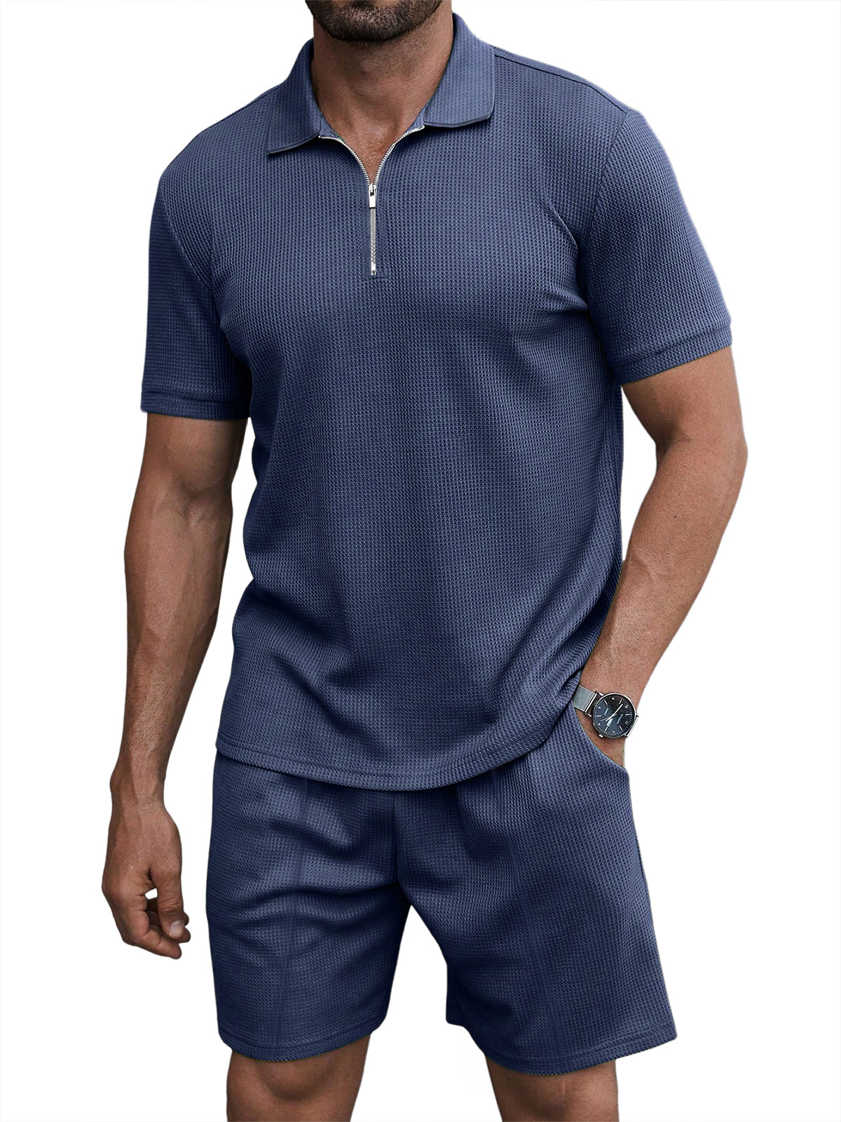 Men's Casual Waffle Zipper Short Sleeve Polo Suit