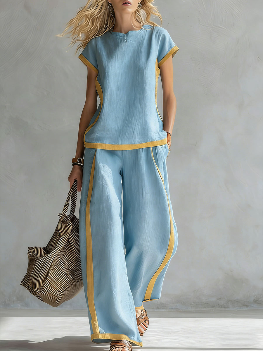 Women's Round Neck Short Sleeve Casual Loose Top And High-waisted Casual Loose Wide-leg Pants Cotton And Linen Set