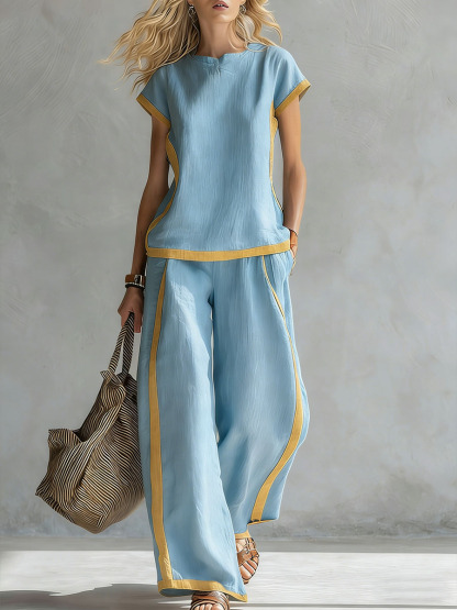 Women's Round Neck Short Sleeve Casual Loose Top And High-waisted Casual Loose Wide-leg Pants Cotton And Linen Set