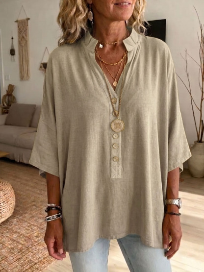 Women's Solid-color V-neck Short-sleeve Casual Loose Cotton-linen Top