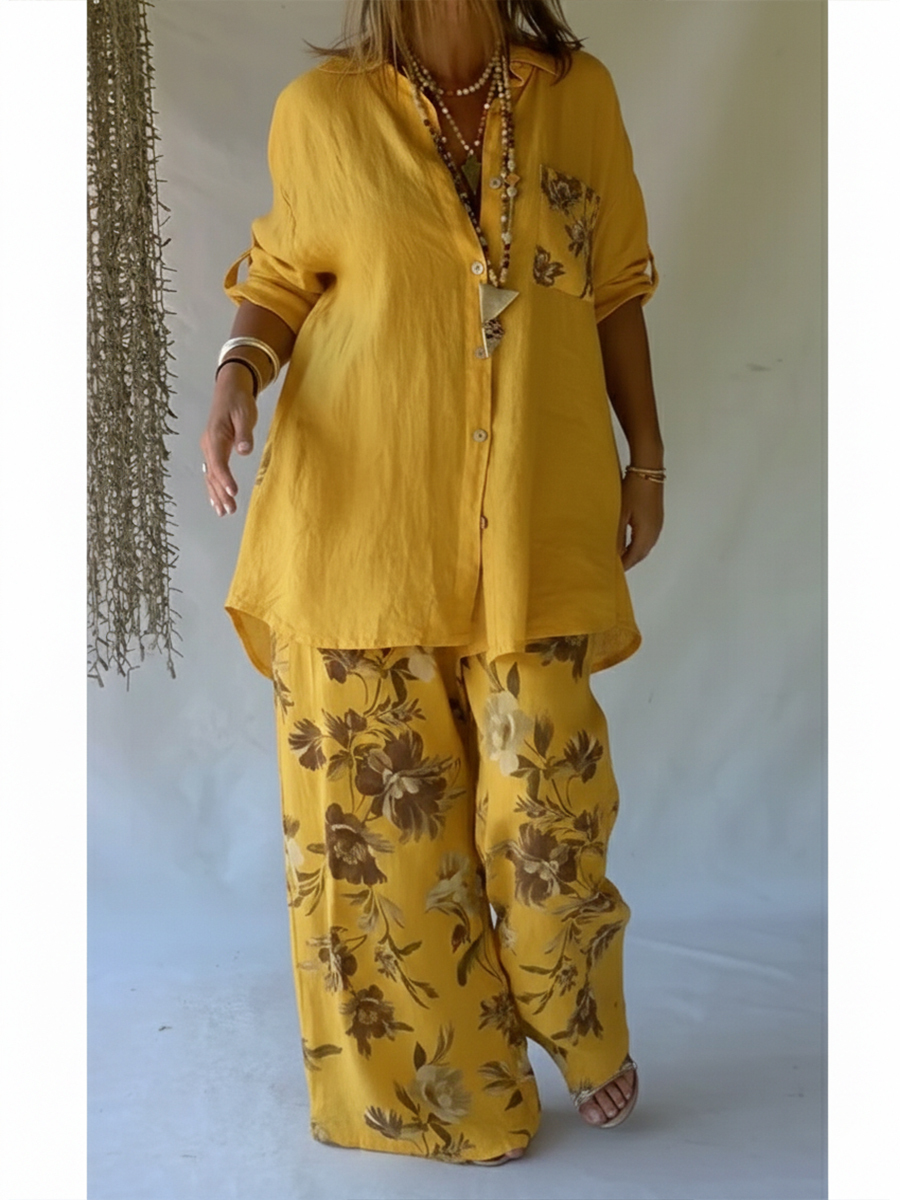 Casual Floral Print Linen And Cotton Shirt And Trousers Two-piece Set