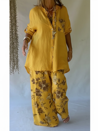 Casual Floral Print Linen And Cotton Shirt And Trousers Two-piece Set