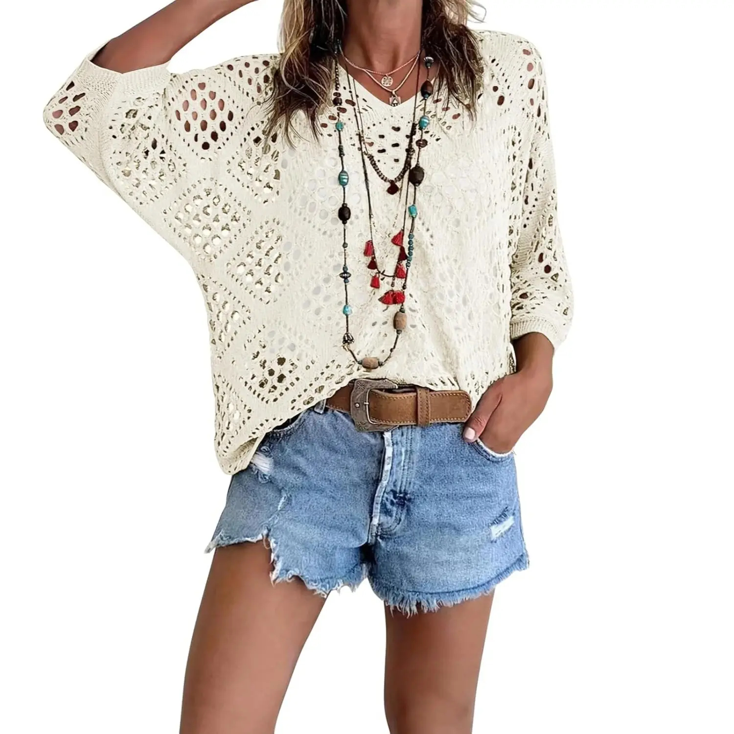 New Arrivals🔥 Women's Bohemian-Inspired Beige Crochet Top with V-Neck