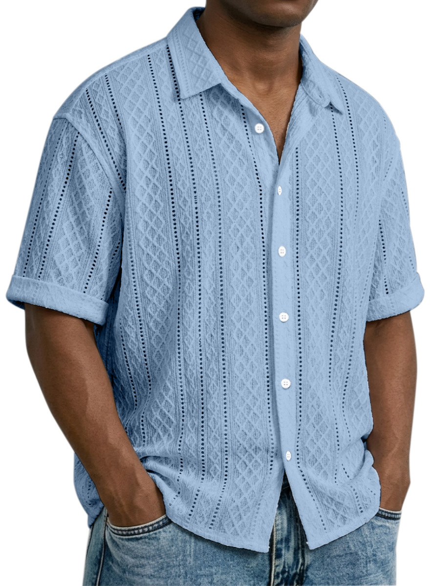 Men's Daily Casual Solid Color Textured Lapel Short-sleeved Shirt