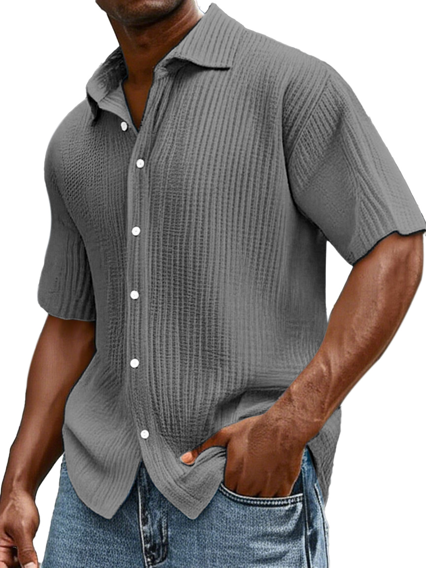 Men's Daily Casual Loose Comfortable Cotton Ruffled Texture Lapel Short Sleeve Button Shirt