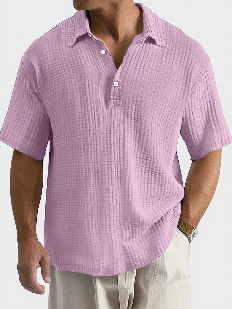 Men's Casual, Comfortable, Breathable Pleated Texture Button Short-sleeved Polo Shirt