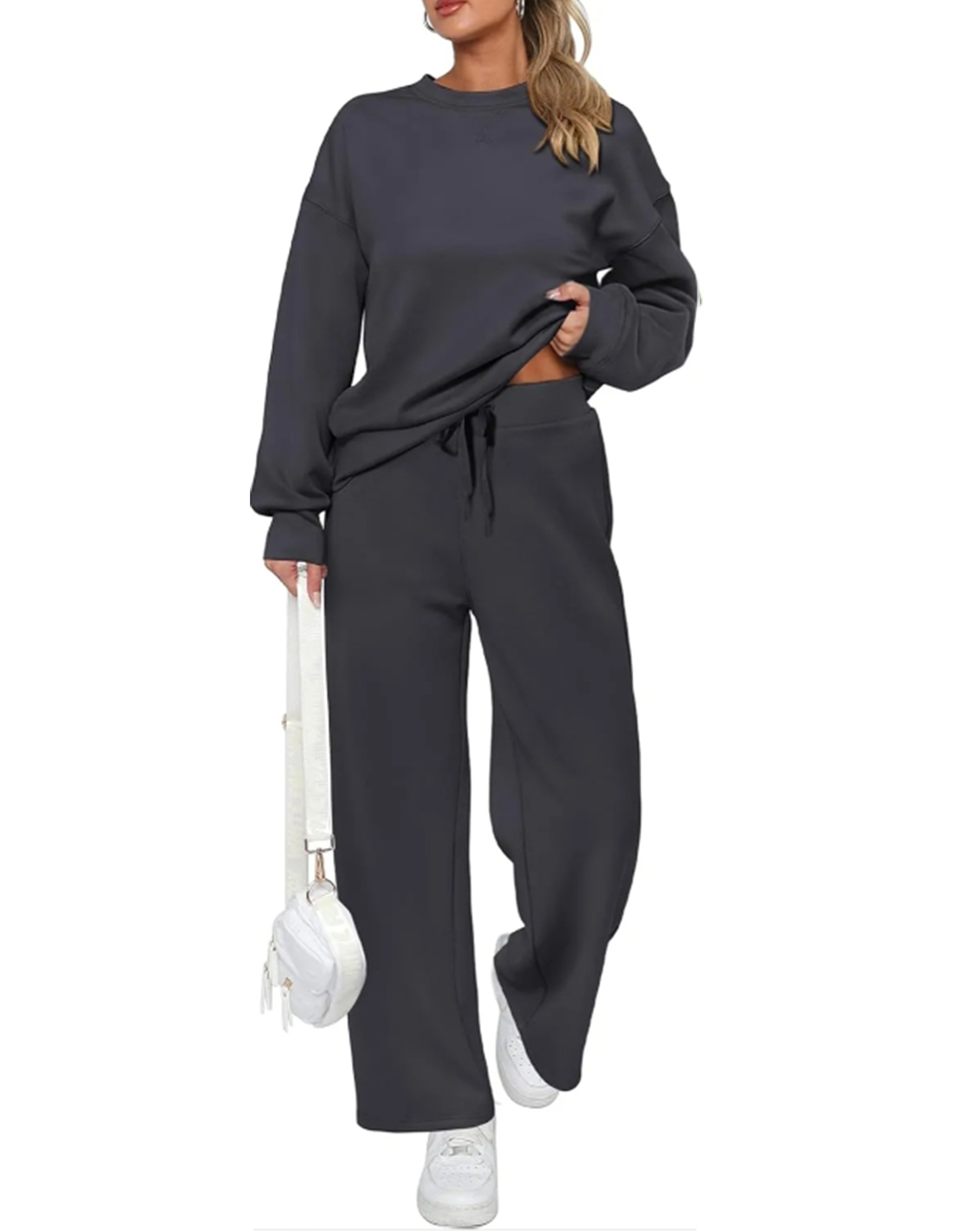Women's Cotton Two-Piece Oversized Half-Zip Sweatshirt Wide Leg Sweatpants Casual Suit