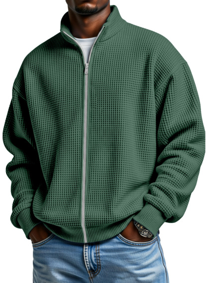 Men's Simple Solid Color Waffle Stand Collar Zipper Jacket