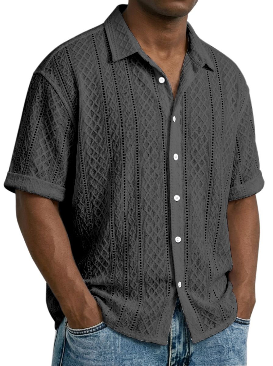 Men's Daily Casual Solid Color Textured Lapel Short-sleeved Shirt