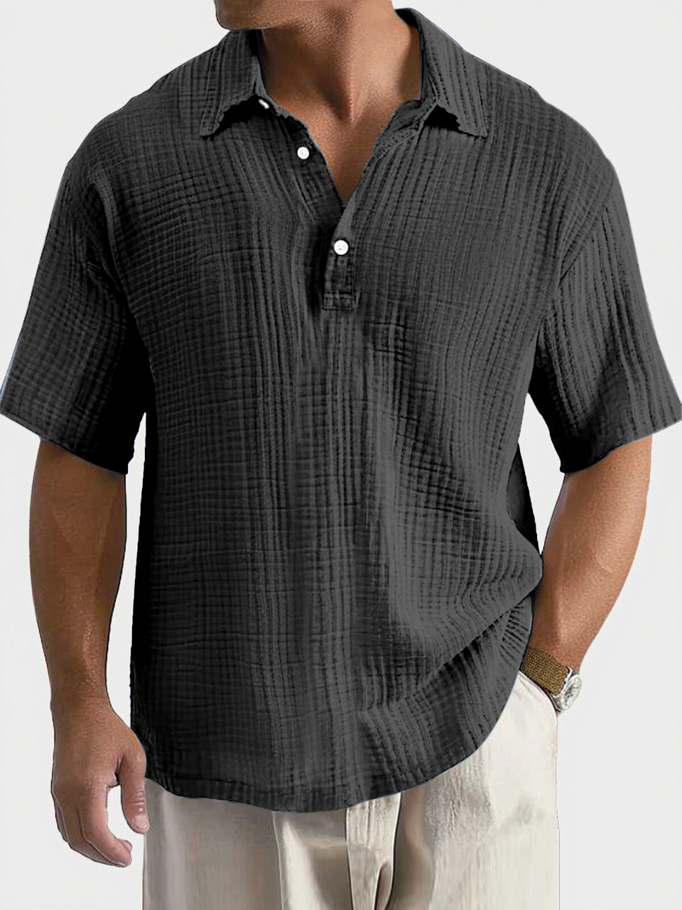 Men's Casual, Comfortable, Breathable Pleated Texture Button Short-sleeved Polo Shirt