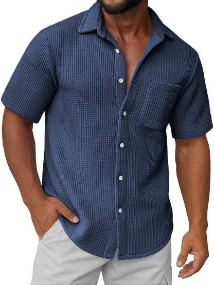 Men's Daily Waffle Texture Casual Pocket Comfort Short Sleeve Shirt
