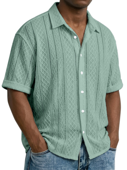 Men's Daily Casual Solid Color Textured Lapel Short-sleeved Shirt