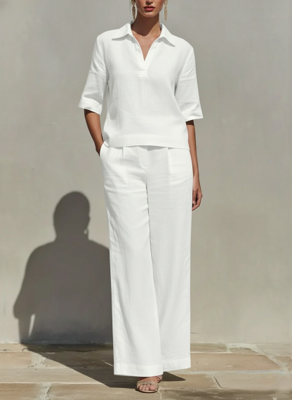 Women's Solid-color Cotton & Linen Set: V-neck Short-sleeve Loose-fit Top And High-waisted Wide-leg Pants