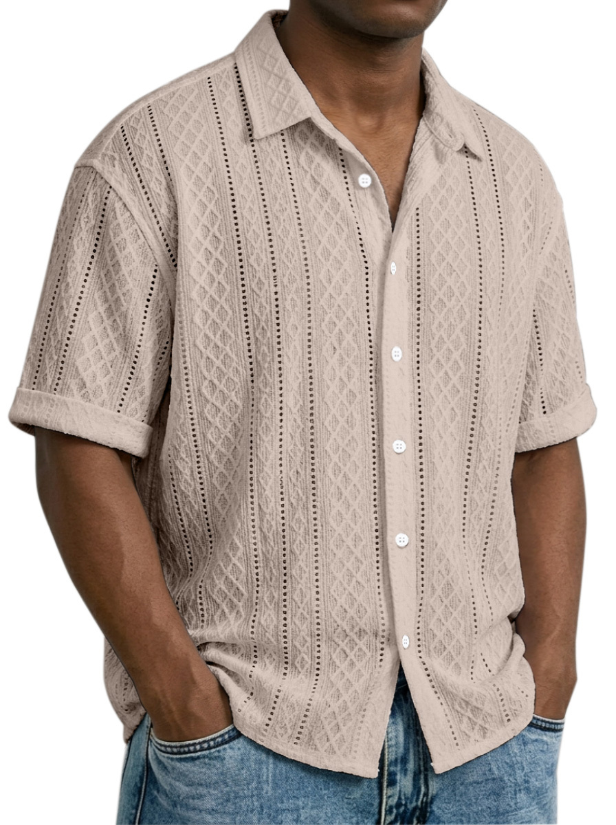 Men's Daily Casual Solid Color Textured Lapel Short-sleeved Shirt