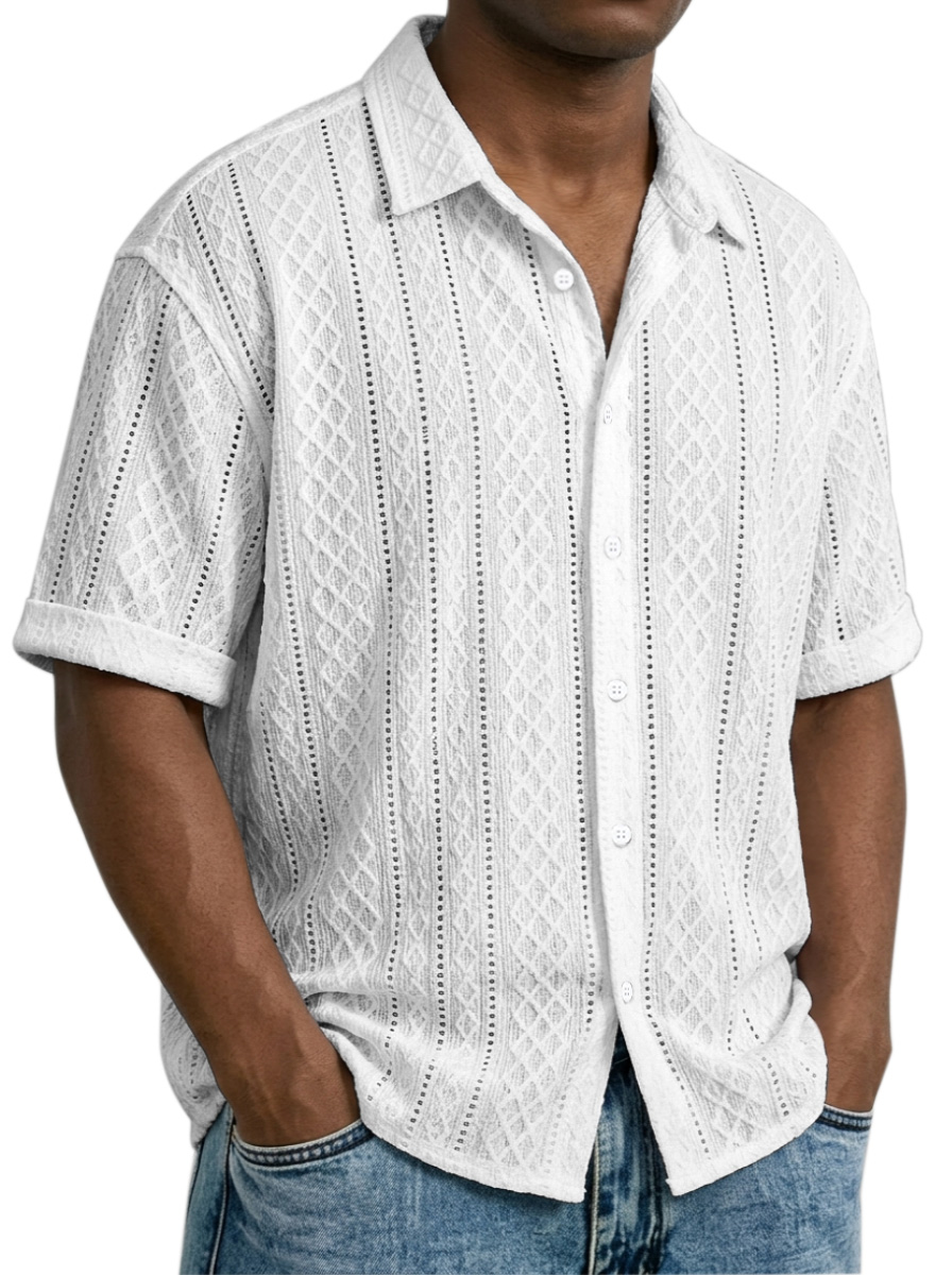 Men's Daily Casual Solid Color Textured Lapel Short-sleeved Shirt