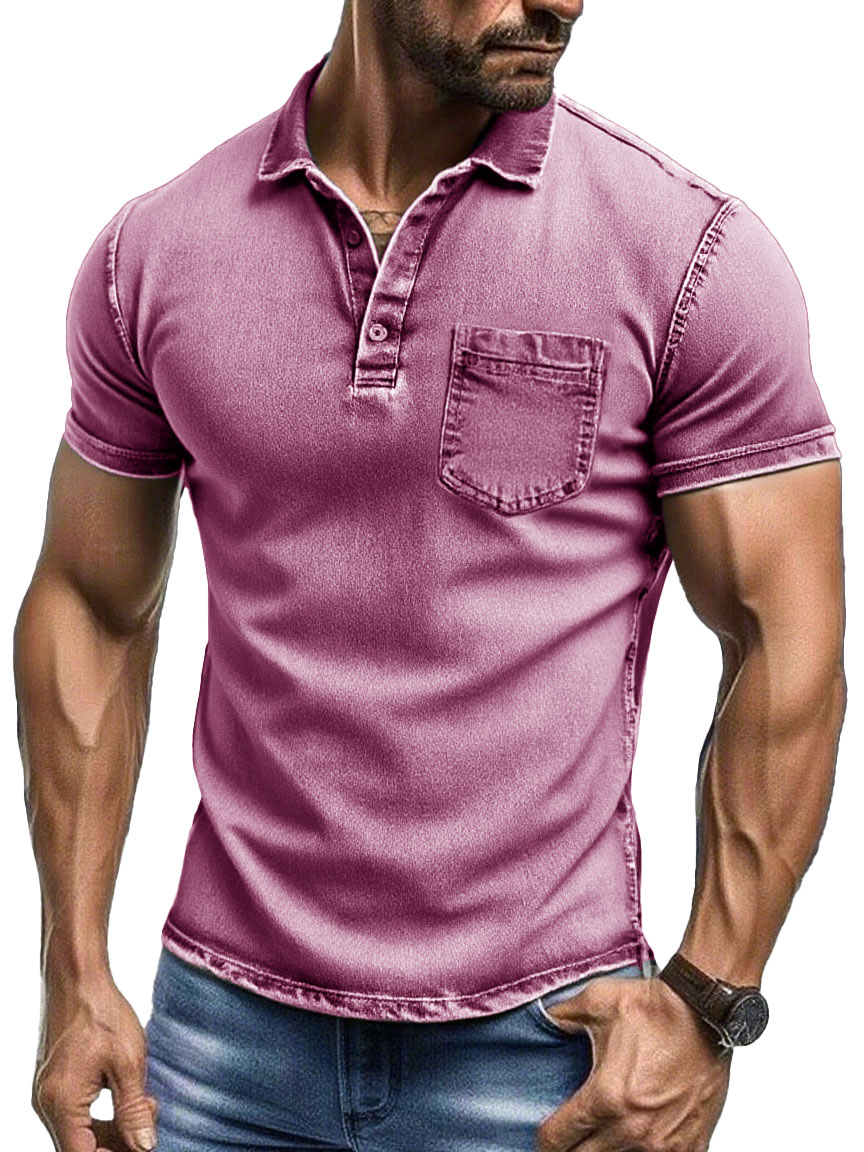Men's Fashion Retro Pure Cotton Distressed Fabric Pocket Lapel Polo Shirt 