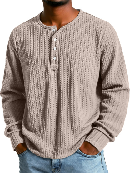 Men's Simple Texture Casual Button-down Long-sleeved Loose Henley Shirt