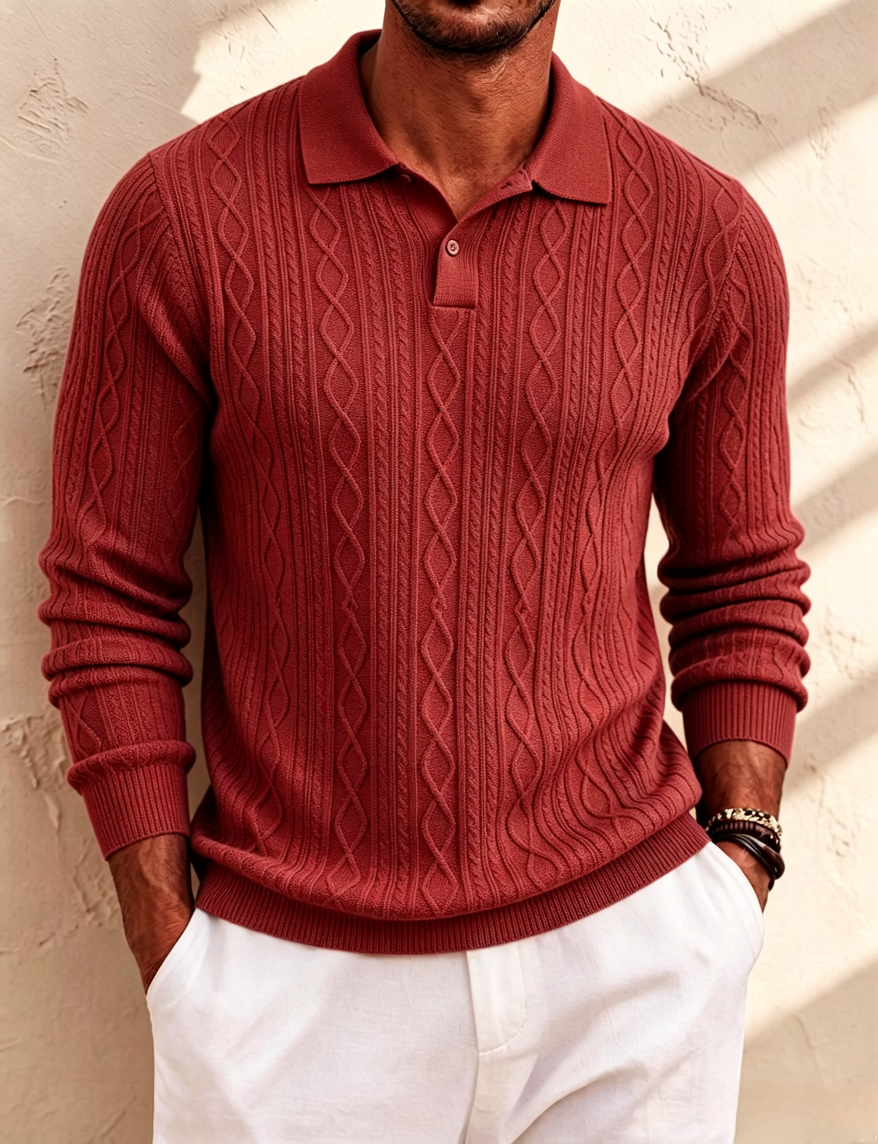 Men's Cable Knit Long‑Sleeve Polo Shirt