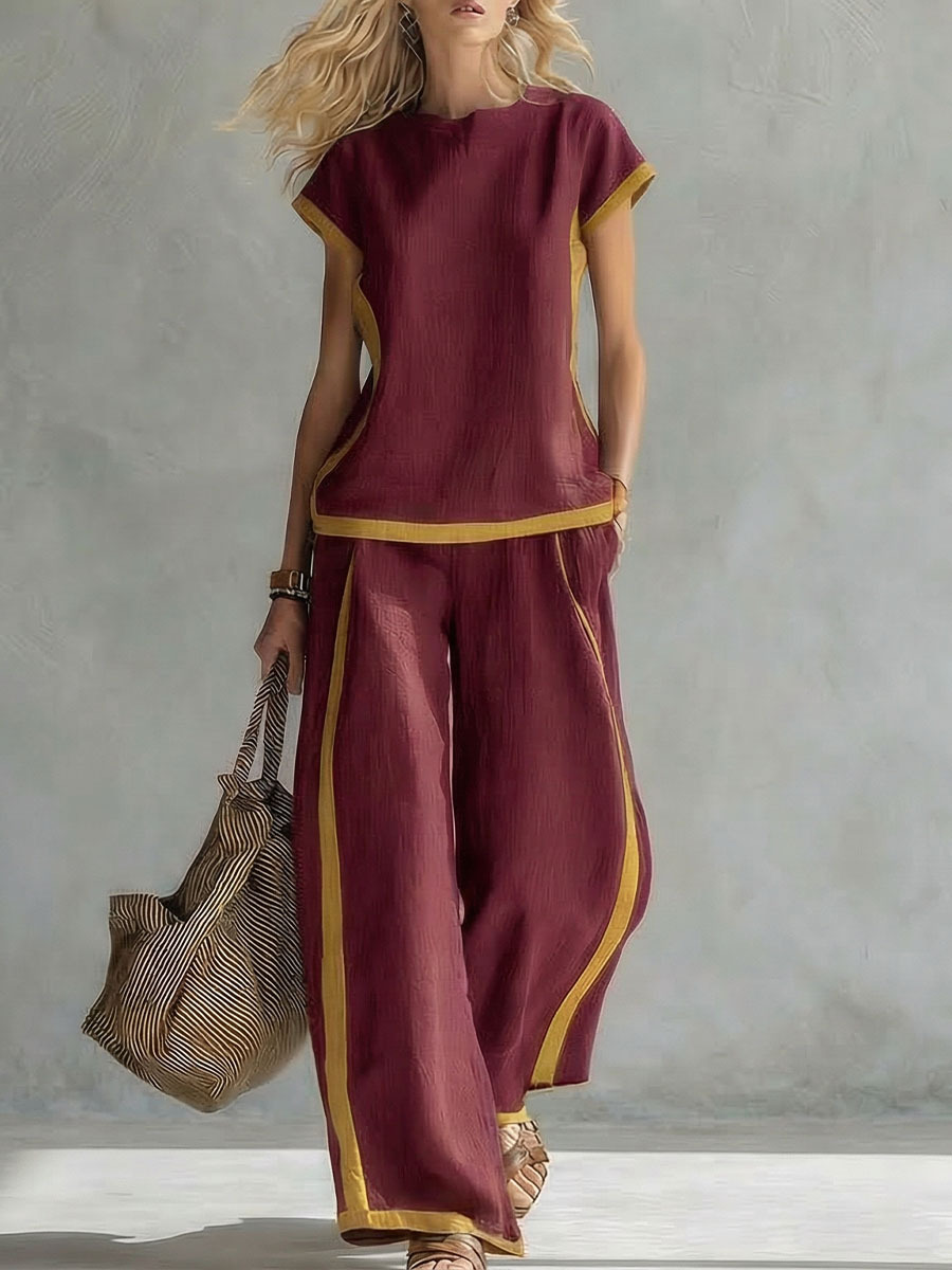 Women's Round Neck Short Sleeve Casual Loose Top And High-waisted Casual Loose Wide-leg Pants Cotton And Linen Set