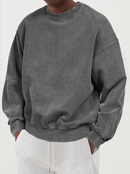 Men's Distressed Washed Cotton Round Neck Long-sleeved Sweatshirt