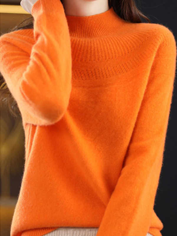 Office Raglan Sleeve Hollow Solid Color High-Neck Sweater Tops