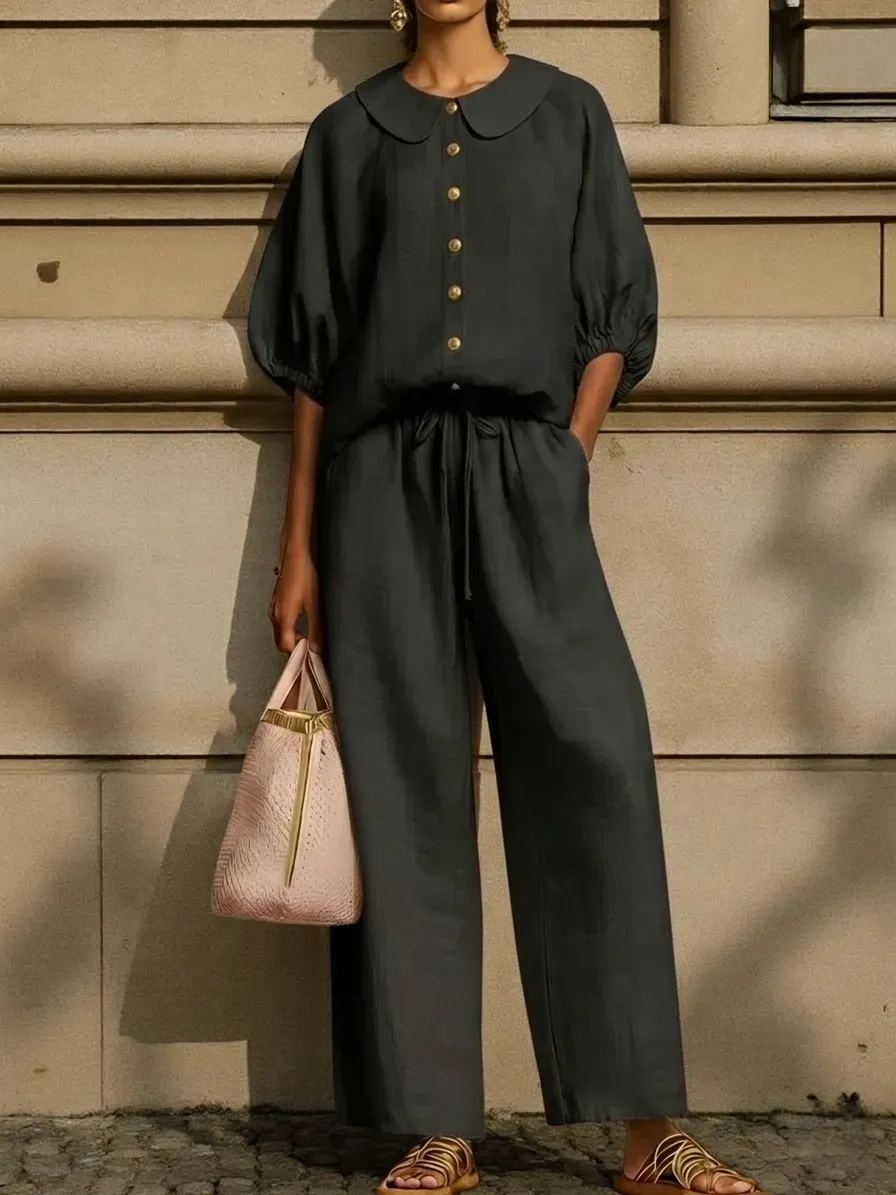 New Arrivals🔥Stylish Peter Pan Collar Shirt And Wide-leg Pant Linen Two-piece Set