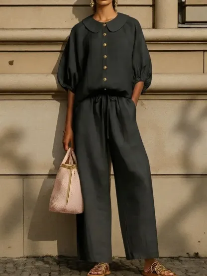 New Arrivals🔥Stylish Peter Pan Collar Shirt And Wide-leg Pant Linen Two-piece Set