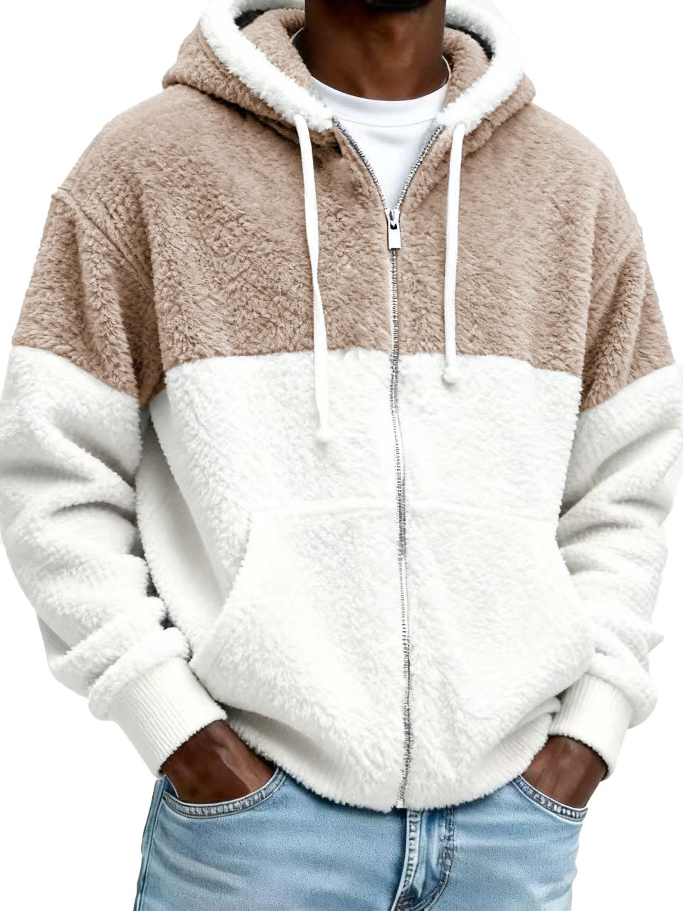 Men's Stylish Casual Patchwork Plush Warm Long-sleeved Hooded Jacket 